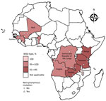 Prevalence of Plasmodium falciparum kelch 13 mutations in pretreatment therapeutic efficacy study samples, 9 countries in Africa, 2014–2018. A total of 11 unique nonsynonymous and 27 unique synonymous mutations were detected in 2,865 successfully sequenced pretreatment and day of failure samples from Angola, Benin, Democratic Republic of the Congo, Guinea, Kenya, Malawi, Mali, Tanzania, and Zambia collected during 2014–2018. A total of 2,753 samples were wild-type. Data from Angola includes results from 2 therapeutic efficacy studies.