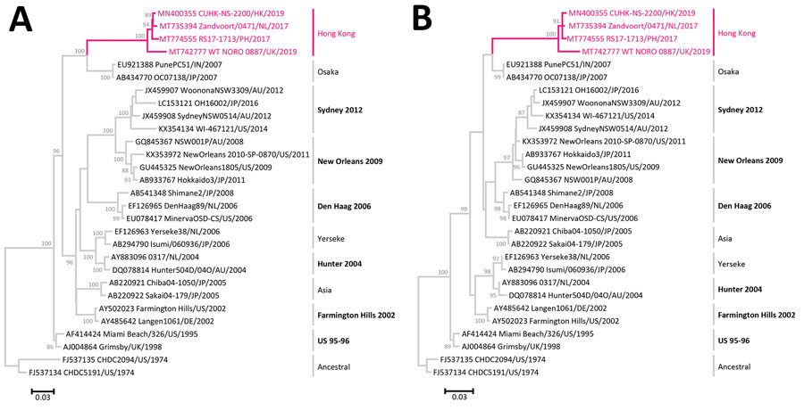 Maximum-likelihood phylogeny of complete sequences of the major capsid protein of norovirus GII.4 variants. A) Nucleotide phylogenetic inference was computed using the Tamura-Nei model with gamma distribution of evolutionary rates among sites. A total of 1,617 positions were included in the final dataset. B) Amino acid phylogenetic inference was computed using the Jones-Taylor-Thornton model with gamma distribution of evolutionary rates among sites. A total of 536 positions were included in the final dataset. Best substitution models were selected using the lowest Bayesian Information Criterion scores. Magenta text indicates the 4 GII.4 Hong Kong sequences. Other GII.4 sequences used as references in the human calicivirus typing tool (https://norovirus.ng.philab.cdc.gov) were downloaded from GenBank. Sequence names are in the following format: GenBank accession no., virus strain name, 2-letter code of country/city of collection, year of collection. Bootstrap values >70% (of 100 iterations) are shown at nodes. Tree branches are drawn to scale; scale bars indicate number of substitutions per site. Trees are rooted to the oldest sequences collected from 1970s. GII.4 variants with pandemic spread are shown in bold text and annotated with the year of predominance (e.g., Sydney 2012); those without pandemic spread are labeled with variant names only (e.g., Osaka). AU, Australia; DE, Germany; HK, Hong Kong; IN, India; JP, Japan; NL, the Netherlands; PH, Philippines; UK, United Kingdom; US, United States.