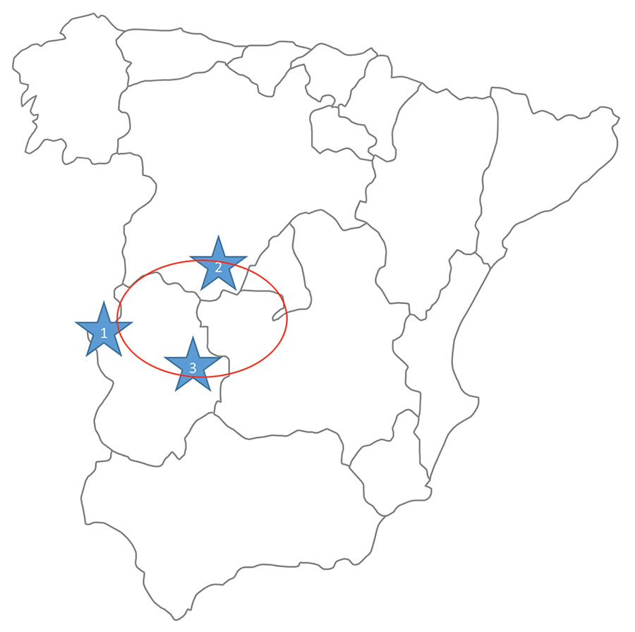 Regions where human infections with Crimean-Congo hemorrhagic fever virus (CCHFV) or infected ticks have been found in Spain. 1, CCHFV hyperendemic focus; 2, human infected by a tick bite in 2016 (Ávila); 3, human infected by a tick bite in 2018 (Badajoz). Red circle indicates area where infected ticks were detected during a surveillance study in 2016.