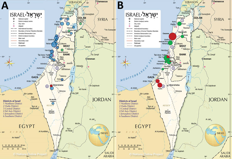 Geography of spotted fever group rickettsioses, Israel, 2010–2019. A) Presumed areas of autochthonous infection acquisition (n = 36 cases). B) Tick collection sites and tick species collected during 2014 by Rose et al. (31). ISF, Israeli spotted fever; MSF, Mediterranean spotted fever. Source: Nations Online Project (https://www.nationsonline.org).