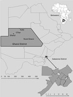 Catchment areas for population-based geospatial and molecular epidemiologic study of tuberculosis transmission dynamics, Botswana, 2012–2016 (Kopanyo Study). The 2 catchment areas are outlined in black. The neighborhoods within the Gaborone district (A–K, enlarged at bottom right) and Ghanzi district (W, DK, KU, and Y) are shown in gray. Inset map shows location of Botswana in Africa.