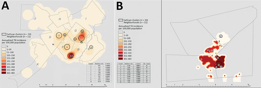 Annualized estimated TB incidence with the most probable localized transmission events superimposed, Botswana, 2012–2016. A) Gaborone; B) Ghanzi District. Shown are areas with most probable clusters identified by using spatial scan statistics (discrete Poisson) for 10 major clusters in Gaborone and Ghanzi (black circles). Data are superimposed on the inverse distance weighted map of annualized incidence of TB patients by neighborhood. TB, tuberculosis.