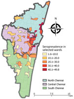 Seroprevalence of SARS-CoV-2 among residents of Chennai, India, July 2020. Values represent percent seroprevalence. SARS-CoV-2, severe acute respiratory syndrome coronavirus 2.