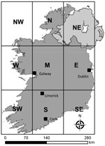 Geographic zones of Ireland. Sections of the grid represent the 8 distinct zones; zone NE, Northern Ireland, was not included in study of primary Shiga toxin–producing Escherichia coli enteritis cases. NW, northwest; N, north; W, west; M, midlands; E, east; SW, southwest; S, south; SE, southeast. 