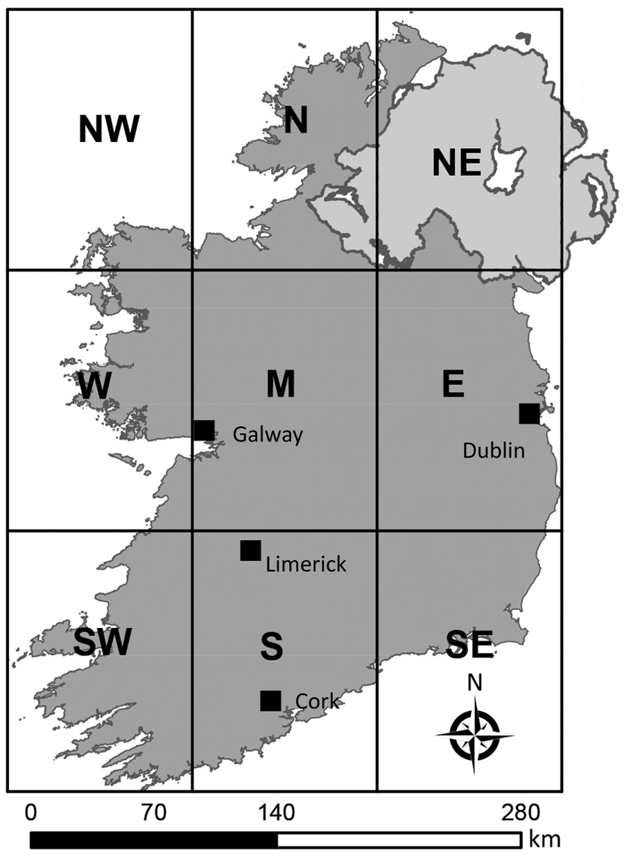 Geographic zones of Ireland. Sections of the grid represent the 8 distinct zones; zone NE, Northern Ireland, was not included in study of primary Shiga toxin–producing Escherichia coli enteritis cases. NW, northwest; N, north; W, west; M, midlands; E, east; SW, southwest; S, south; SE, southeast. 