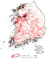 Spatial distribution of registered domestic pig farms in South Korea, indicating African swine fever–positive farms (IPs); ASFV-positive wild boars, confirmed during the study period (August 28–October 16, 2019); and pig farms visited by vehicles that had visited IPs >1 time during the study period. ASFV, African swine fever virus; IP, infected premises.