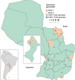 Geopolitical map of Paraguay showing locations of sampling for dengue virus (DENV) and chikungunya virus (CHIKV). Circle sizes are scaled to represent the number of genomes isolated in each municipality. Numbers inside triangles indicate sampled departments: 1, Amambay; 2, San Pedro; 3, Alto Paraná; 4, Itapúa; 5, Guairá; 6, Paraguarí; 7, Central; 8, Asunción. Callout map shows the Central and Asunción Departments of Paraguay; inset map shows the location of Paraguay in South America.