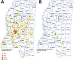 Places of residence of participants with antibody levels suggesting prior exposure to Toxocara spp. Tc-CTL-1 (n = 172) (A) and Strongyloides stercoralis Ss-NIE-1 (n = 4) (B) , Mississippi, USA. All serologic assays were performed using MAGPIX multiplex recombinant antigen beads (ThermoFisher, https://www.thermofisher.com) on convenience serum samples collected at the University of Mississippi Medical Center (Jackson, MS, USA) during October 28, 2017–March 29, 2018. Only those samples confirmed by a subsequent S. stercoralis crude L3 larval antigen (CrAg) ELISA are included.