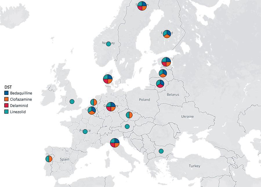 European Union laboratories performing phenotypic DST of new tuberculosis drugs, 2019. Map courtesy of Mapbox OpenStreet Map (https://www.mapbox.com). DST, drug susceptibility testing.