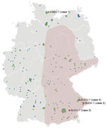 Germany showing locations of residences of human case-patients who had encephalitis and other conditions and were tested for bornavirus etiology, 2018–2020. Among 103 encephalitis cases with unknown etiology, 4 bornavirus cases were found: 1 chronic VSBV-1 infection in northern Germany (case 1) and 3 BoDV-1 infections in southern Germany (cases 2, 3, and 4). Encephalitis cases without a bornavirus etiology are indicated as green circles. Among 121 cases without a clinical history of encephalitis but for whom a bornavirus serologic analysis was requested, no bornavirus infections were detected (blue circles). Purple indicates regions known to be endemic for BoDV-1. BoDV-1, Borna disease virus 1; VSBV-1, variegated squirrel bornavirus 1.