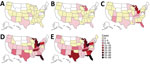 Geographic distribution of hepatitis A virus–positive plasma donors, United States, 2016‒2020. Cumulative case counts are indicated: A) 2016; B) 2016–2017; C) 2016–2018; D) 2016–2019; E) 2016–2020. These counts reflect how hepatitis A outbreaks in the United States have spread and spilled over into the plasma donor population over time. No color indicates states for which no data are available (no plasma collection). Maps were created by using an Adobe Stock template (https://stock.adobe.com).