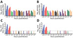 Severe acute respiratory syndrome coronavirus 2 replication kinetics in diverse mammal species. We inoculated well-differentiated animal airway epithelial cell cultures derived from the tracheobronchial epithelial cells with 30.000 PFU of severe acute respiratory syndrome coronavirus 2 at either 33°C (panels A, C) or 37°C (panels B, D). We removed inoculated virus at 1 hour postinfection and washed the apical side 3 times. We further incubated cultures for 96 h. At the indicated time postinfection, we assessed apical virus release by quantitative reverse transcription PCR targeting the E gene (panels A, B) and plaque titration assays on Vero E6 cells (panels C, D). Error bars represent the average of 2 independent biologic replicates using airway epithelial cell cultures established from 1 or 2 biologic donors. The dotted lines on panels C and D indicate the detection limit of the assay. *Sturnira lilium bat; †Carollia perspicillata bat.