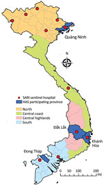 Locations of sentinel hospitals conducting surveillance for severe acute respiratory infection and provinces with all hospitals participating in the hospital admission survey, Vietnam, 2014–2016. HAS, hospital admission survey; SARI, severe acute respiratory infection.