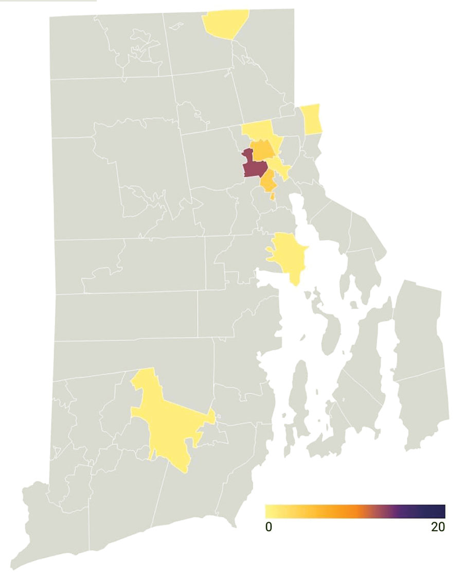 Geographic distribution of 28 persons receiving a positive test result for severe acute respiratory syndrome coronavirus 2 from testing performed by Rhode Island Public Health Institute staff during June 8–August 8, 2020. Color scale indicates number of persons testing positive by ZIP code. One patient had an unknown ZIP code.