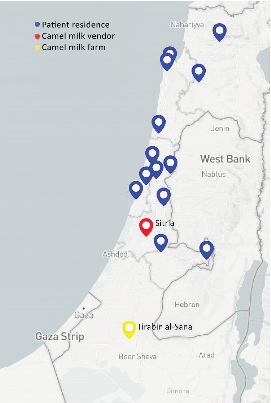 Geographic distribution of cases of Brucella melitensis traced to consumption of commercialized camel milk in Israel, 2016. Shown are the location of the camel farm in southern Israel from which raw milk was obtained), the vendor in central Israel that distributed the milk through direct online sales or other retail stores, and the places of residence of individual case-patients linked to the outbreak.