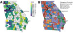 Spatial patterns of transmission of severe acute respiratory syndrome coronavirus 2 in Georgia, USA, February–July 2020. A) Date of reaching the peak (local maximum of effective reproduction number) for the first wave; B) spatial distribution of the 5 categories of virus transmission patterns by June 15, 2020. The black lines represent interstate highways.