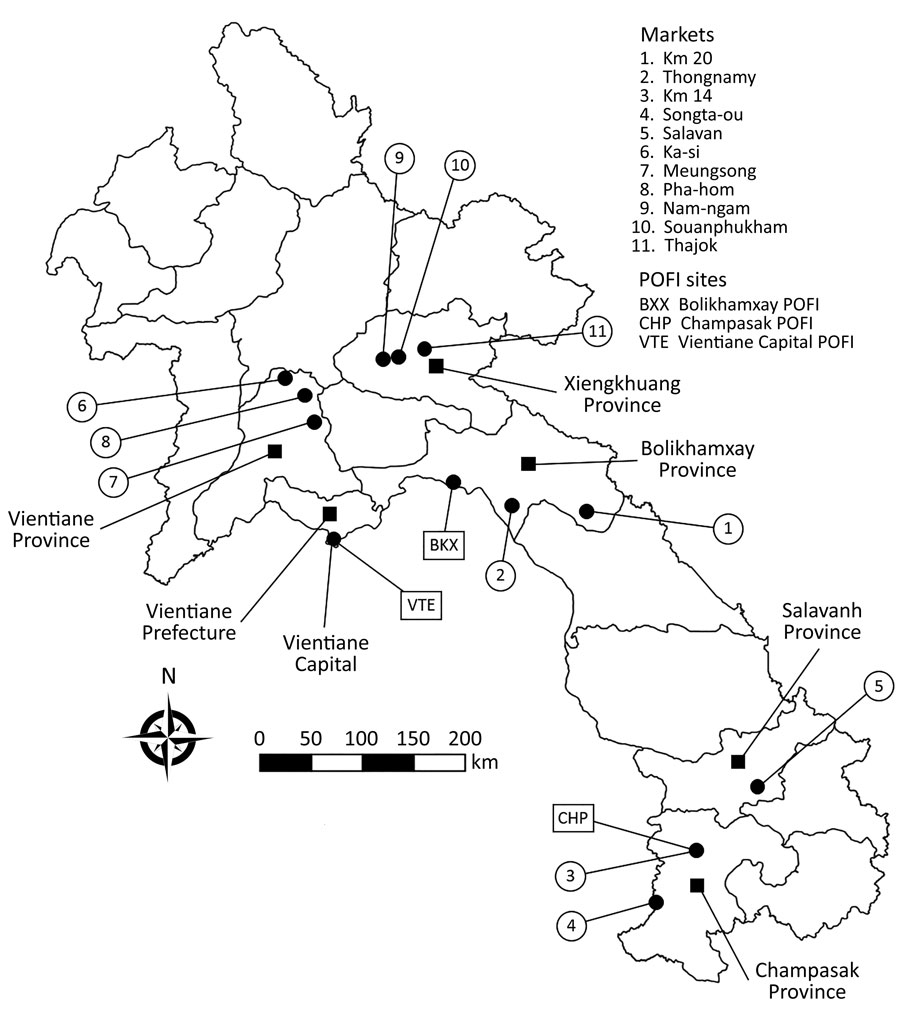 Wildlife trade sites and POFI sites (black circles) where wildlife samples were collected for study of zoonotic pathogens in wildlife traded in markets for human consumption, Laos. Provinces are labeled with black squares. POFI, Provincial Office of Forestry Inspection.