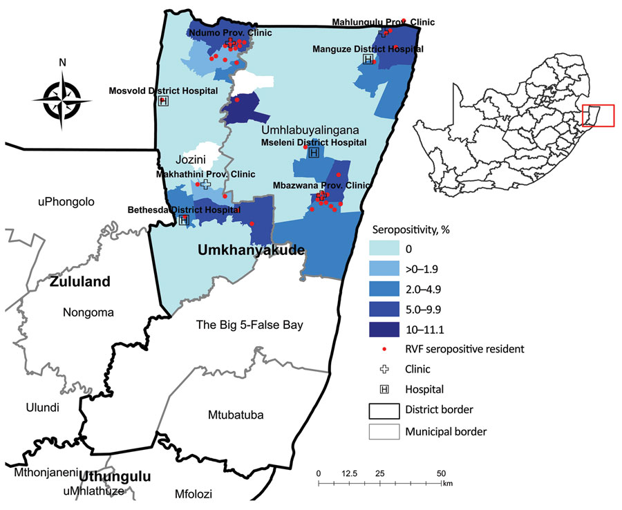 Distribution of human Rift Valley fever virus seropositivity and ward-specific seropositivity in northern municipalities of the uMkhanyakude District, KwaZulu-Natal Province, South Africa, April 2018–August 2019. Inset shows location of uMkhanyakude District (red box) in South Africa. Map was constructed in ArcGIS 10.2 (Esri, https://www.esri.com) using district, municipal, and ward boundaries, facilities, and participants’ residential coordinates collected during the study. Data are available under CC-BY 4.0 (Creative Commons Attribution, https://creativecommons.org) license.