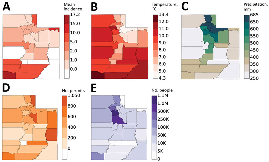 Comparison of mean coccidioidomycosis incidence (per 100,000 population per year) by county, Utah, 2009–2015 (A), with mean annual air temperature (B); precipitation, mm (C); construction permits per 100,000 population (D); and population (E). K, thousand; M, million.