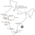 Locations of 16 healthcare centers participating in MucoCovi Network study on coronavirus disease–associated mucormycosis, India. AIIMS, All India Institute of Medical Sciences; CIMS, Care Institute of Medical Sciences; PD Hinduja, Parmanand Deepchand Hinduja; PGIMER, Post Graduate Institute of Medical Education & Research; SGPI, Sanjay Gandhi Postgraduate Institute