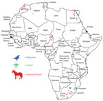 Geoposition of West Nile virus reports in reservoirs, vectors, and nonhuman mammal dead-end hosts, Africa.