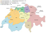 Regions of Switzerland from which Enterobacterale isolates positive for New Delhi metallo-β-lactamase were obtained, January 2019–December 2020.