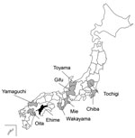 Collection sites of serum samples from macaques, wild boars, and sika deer for study of Oz virus seroprevalence in Japan. Gray shading indicates prefectures in which samples were collected; black shading indicates Ehime prefecture, where Oz virus was first isolated. 