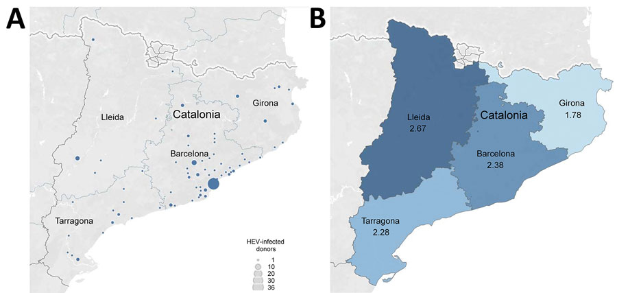 Geographic distribution of HEV-infected blood donors, Catalonia, Spain, November 2017‒April 2020. A) All donations (n = 151). B) HEV RNA detection rate (per 10,000 analyzed blood donations), by province (Barcelona, Girona, Lleida, and Tarragona). Maps were created by using Tableau Software (https://www.tableau.com). HEV, hepatitis E virus.