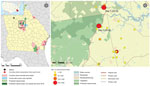 Study area for investigation of Heartland virus ecoepidemiology, Georgia, USA, 2019. Map on the left shows locations of seropositive white-tailed deer and 1 human case; inset shows location of study area in Georgia. Map on the right shows Amblyomma americanum tick collection sites during 2018 and the 2 sites during 2019. Circle sizes and colors indicate number of ticks collected.