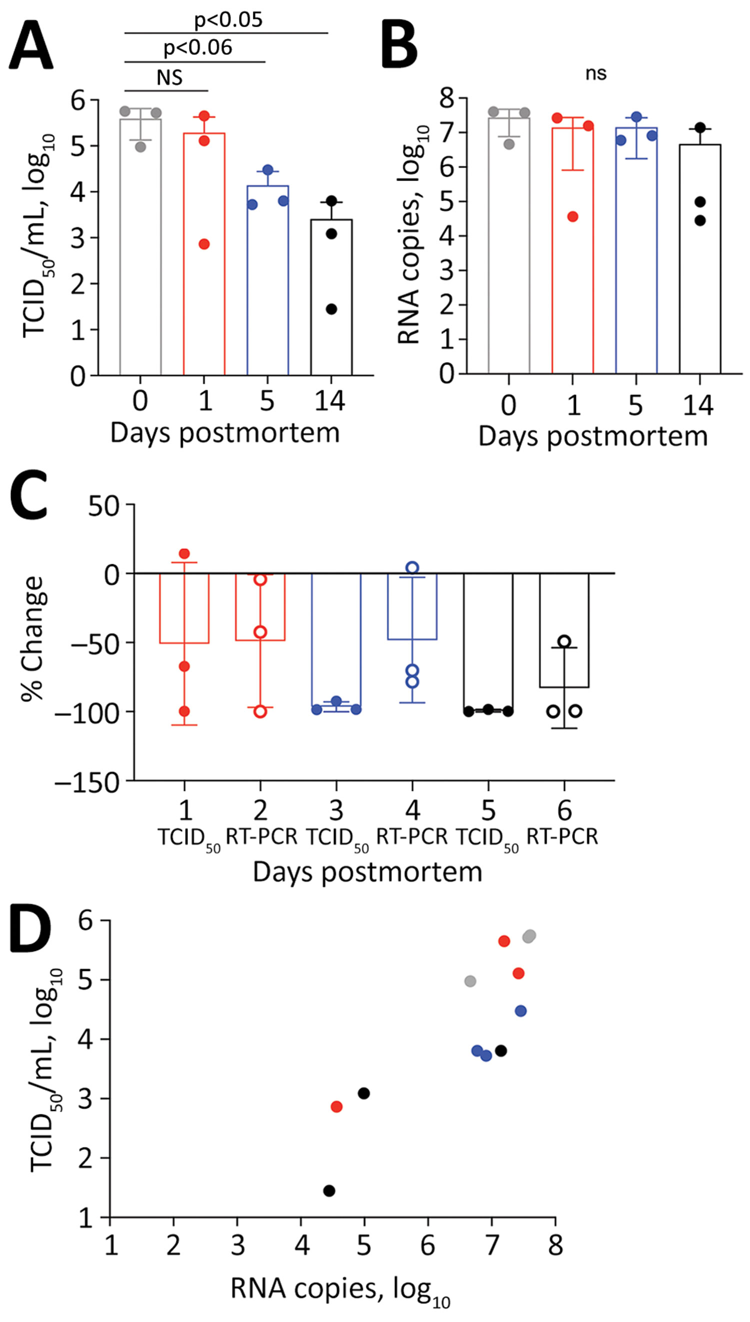 Postmortem stability of severe acute respiratory syndrome coronavirus 2 in mouse lung tissue. A) Infectious virus measured by TCID50 of VeroE6 cells. B) Viral RNA measured by copies of N gene detected by RT-PCR. C) Percentage change compared with day 0. D) Correlation between infectious virus and viral RNA. R2 = 0.51; F = 0.005 by analysis of variance. NS, not significant; RT-PCR, reverse transcription PCR; TCID50, 50% tissue culture infectious dose.