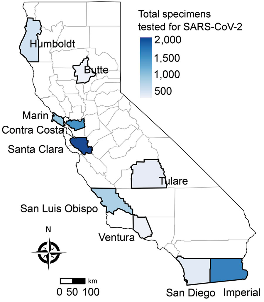 Total specimens tested for SARS-CoV-2, by county of sentinel site, California, USA, from specimens collected through the California SARS-CoV-2 and Respiratory Virus Sentinel Surveillance program during May 10, 2020–June 12, 2021 (N = 8,662). SARS-CoV-2, severe acute respiratory syndrome coronavirus 2. 