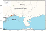 Geographic distribution of the new serotype of Vibrio parahaemolyticus, sequence type 3, serotype O10:K4, in Guangxi, China, 2020. Red star represents the outbreak site in Beihai; red triangles represent outbreak sites in Fangchenggang; blue circle represents the sporadic case in Qinzhou, and green circle represents the sporadic case in Nanning. Inset map shows study location in China.