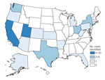 Confirmed and probable cases of infection with Verona integron‒encoded, metallo-β-lactamase‒producing, carbapenem-resistant Pseudomonas aeruginosa, by state in which bacterium was identified, among US medical tourists undergoing elective invasive procedures in Tijuana, Mexico, January 2018–December 2019. Six suspected cases, from Arizona (n = 1), Georgia (n = 3), Michigan (n = 1), and Washington (n = 1) are not shown.