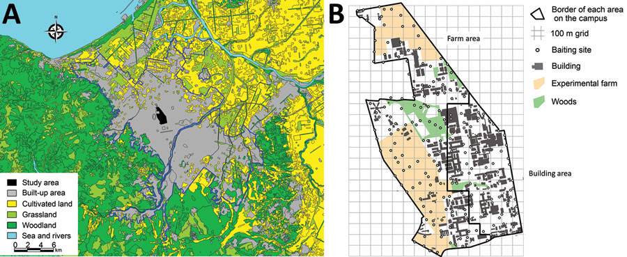 Study area for anthelmintic baiting experiment to control Echinococcus multilocularis tapeworms in Sapporo, Japan. A) Land use map around the study area, the Hokkaido University campus. The bold blue line shows the border of the urban area of Sapporo. B) Baiting sites and locations of buildings, farm areas, and wooded areas on the Hokkaido University campus.