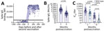 Vaccine-induced binding and neutralizing antibody responses observed among US healthcare worker participants in the Prospective Assessment of SARS-CoV-2 Seroconversion (PASS) study, January–August 2021. A) MFI levels of vaccine-induced spike IgG binding before and after second vaccination in serum samples diluted 1:400 (n = 227 participants). Horizontal line indicates the positive or negative spike IgG threshold. B) Spike IgG binding antibodies (BAU/mL) quantified from serum samples collected 1 month (mean 36.9 days, range 23–81 days) and 6 months (mean 201.1 days, range 151–237 days) postvaccination (n = 187 participants). Wilcoxon matched-pairs signed rank test performed; y-axis is log2-scale. C) Neutralizing antibody titers against severe acute respiratory syndrome coronavirus 2 wild-type and Delta variant from serum samples collected 1 month (mean 30.8 days, range 28–42 days) and 6 months (mean 200.1 days, range 189–219 days) postvaccination (n = 49 participants). Friedman ANOVA with Dunn’s multiple comparisons performed post-hoc; y-axis is log2-scale. All errors bars represent the geometric mean and 95% CIs. BAU, binding antibody units; IC50, 50% inhibitory concentration; MFI, median fluorescence intensity.