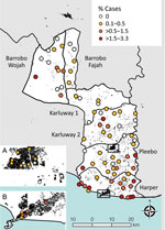 Cluster-level prevalence of all skin-presenting neglected tropical diseases combined, Maryland County, Liberia, June‒October 2018. Inset boxes show major urban areas Pleebo (A) and Harper (B). Black features are buildings (OpenStreetMap contributors) to highlight increasing rurality in northern districts.