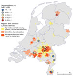 Locations of participating general practices (numbers in circles) in the Netherlands and seroprevalence rates for chronic Q fever measured in study of targeted screening program to detect chronic Q fever. Colors indicate areas with high incidence of acute Q fever patients or areas near an infected farm that had abortion waves during the outbreak of 2007–2010.
