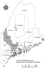 Locations of JCV in humans and collected mosquitoes, Maine, USA, 2017–2019. JCV-positive mosquitoes were found in the town of Arrowsic in Sagadahoc County and in the towns of Edgecomb and Wiscasset in Lincoln County during 2017–2019. In 2017, two confirmed symptomatic human JCV cases were reported; a third fatal human case was reported in 2018. JCV, Jamestown Canyon virus.