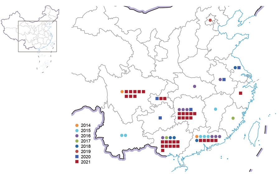 Spatial distribution of 65 human infections with influenza A(H5N6) virus, China, by year, April 21, 2014–December 31, 2021. 