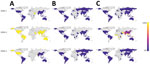 Nucleotide identity between dengue virus molecular diagnostics and all sequenced DENV genomes from the 2017 Burkina Faso dengue outbreak. The map indicates the proportion of genomes from each country with >1 mismatches against the Trioplex PCR forward primer (A), probe (B), and reverse1 primer (C). Countries in gray have no data. DENV-1 and DENV-3 have concordant nucleotide identity to the primers and probe, but most DENV-2 forward primer and reverse1 primer in sequences from Africa have a high proportion of genomes with >1 mismatches to the Trioplex PCR’s primers and probe. DENV-1, dengue virus serotype 1; DENV-2, dengue virus serotype 2; DENV-3, dengue virus serotype 3