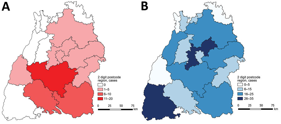 Choropleth map showing the distribution and frequency of 43 patients with alveolar echinococcosis (A) and 214 controls (B) who participated in case–control study of dog ownership and human risk for alveolar echinococcosis, by 2-digit postal code region, Baden-Württemberg, Germany, January 2019–February 2020.