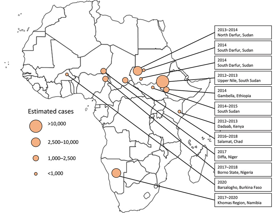 Geographic distribution of acute hepatitis E virus outbreaks reported among displaced persons in sub-Saharan Africa, 2010–2020.