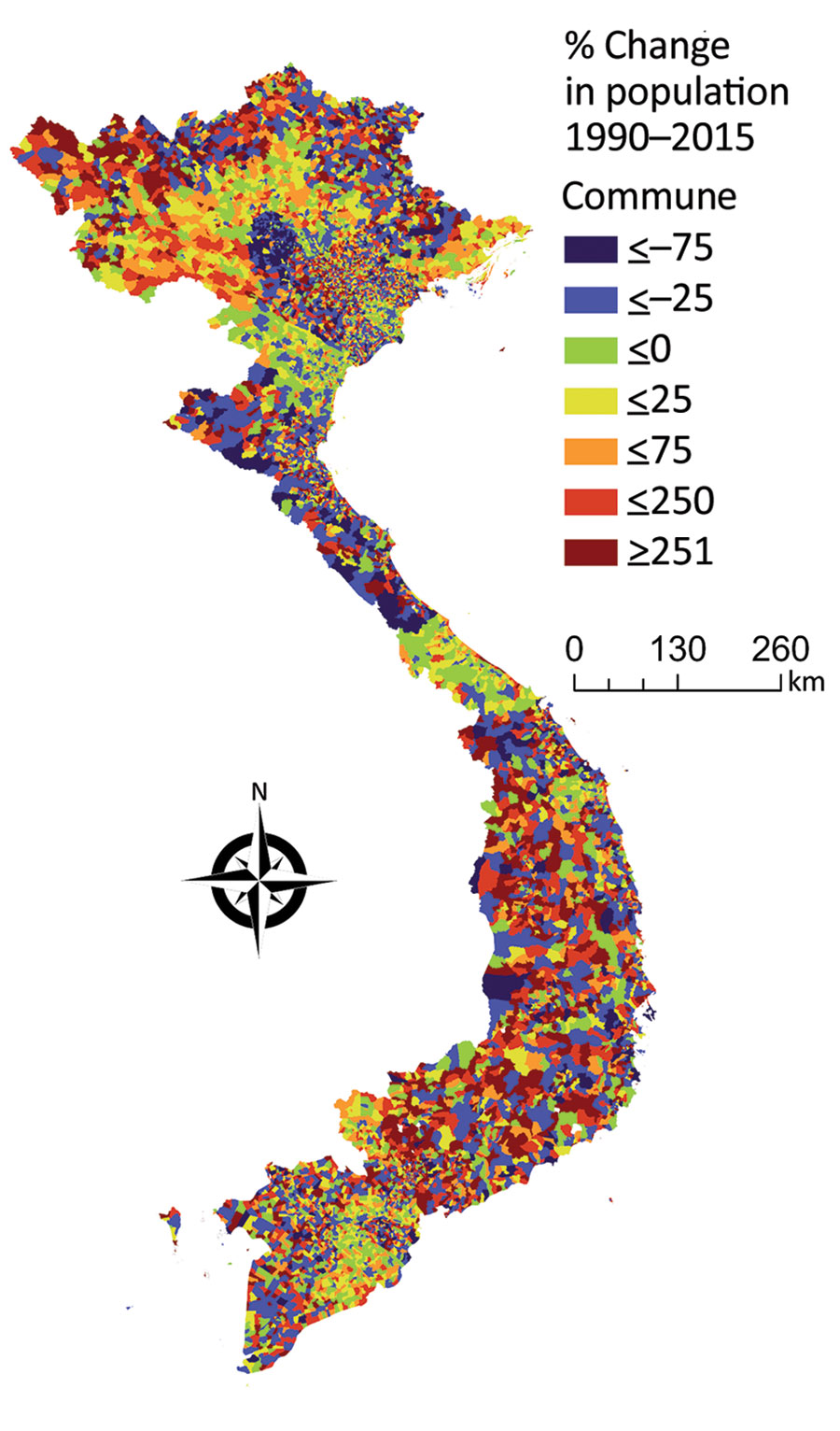 Percentage population change in the communes of Vietnam during 1990‒2015. Light blue, dark blue, and green values indicate communes that had population decreases, and yellow, orange, and red values indicate communes that had population growth.