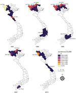 Choropleth maps of spatial Bayes smoothed human anthrax incidence rates in provinces of Vietnam. The years are not necessarily those with the highest anthrax incidence rates but those with the most widespread range of anthrax. Although anthrax incidence rates were highest in the northern provinces, they were not limited to those provinces.