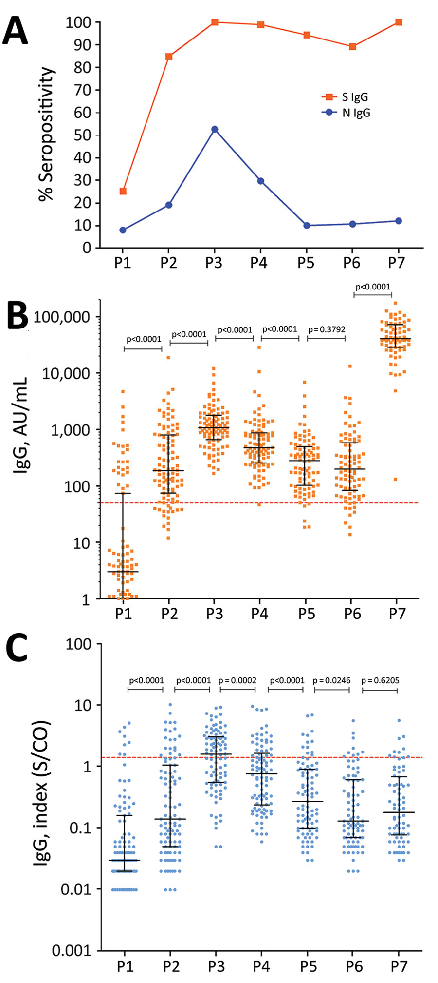 Antibody response over time in a cohort of healthcare workers vaccinated with 2 doses of CoronaVac vaccine (https://www.sinovac.com) followed by a BNT162b2 vaccine (Pfizer-BioNTech, https://www.pfizer.com) booster dose. A) S and N IgG seropositivity. B) S IgG levels. C) N IgG levels. Antibody responses were evaluated before vaccination (timepoint P1); 28 days after the first dose of CoronaVac vaccine (P2); 30 (P3) 90 (P4), 180 (P5), and 230 (P6) days after the second dose of CoronaVac vaccine; and 15 days after the booster dose with BNT162b2 vaccine (P7). For panels B and C, black lines indicate median levels values and error bars interquartile ranges; horizontal dotted lines indicate cutoff values. Statistical analysis performed using the Kruskal–Wallis test with subsequent Dunn’s multiple testing correction. N, nucleocapsid protein; S, spike protein; S/CO, signal-to-cutoff ratio.
