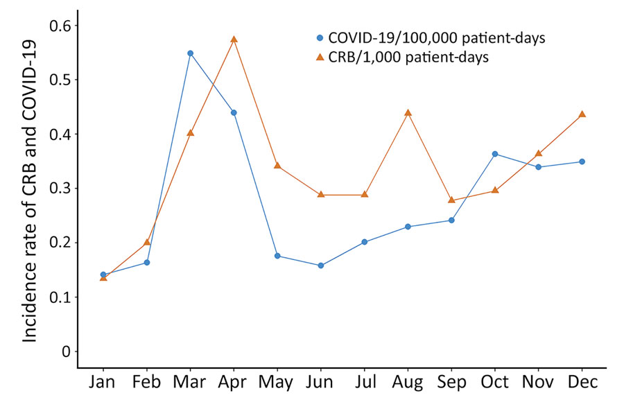COVID-19–related hospital admissions and CRB incidence rates in 2020 in study of effects of the COVID-19 pandemic on incidence and epidemiology of CRB, Spain. We compared the incidence rates for COVID-19-related hospital admissions with rates for CRB each month during 2020. We calculated the COVID-19 incidence rates by dividing the total number of COVID-19 admissions by the total number of patient-days. We calculated CRB incidence rates by dividing the total number of episodes of catheter-related bloodstream infections by the total number of patient-days. CRB, catheter-related bacteremia.