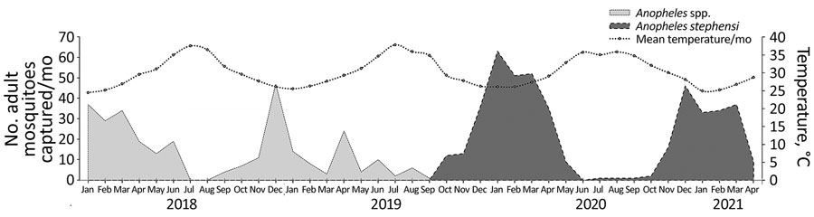 Associations between numbers of adult mosquitoes captured and mean temperature, by month, US military base, Djibouti, September 2019–August 2020. We began identifying Anopheles stephensi mosquitoes specifically in October 2019. 