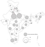 Distribution of India Field Epidemiology Training Program officers (advanced and intermediate current officers and alumni) during COVID-19 response, India, March 2020–June 2021. Circle sizes indicate number of officers.