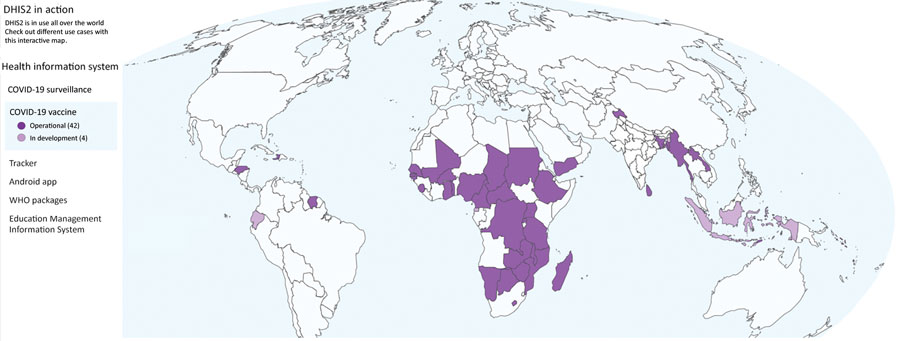 Countries using the District Health Information Software version 2 (DHIS2, https://dhis2.org) platform to monitor COVID-19 vaccination status, as described in review of extending and strengthening routine DHIS2 surveillance systems for COVID-19 responses in Sierra Leone, Sri Lanka, and Uganda. The online map (https://dhis2.org/in-action, cited 2022 Sep 8) is interactive and indicates which countries have DHIS2 operational or in development to monitor COVID-19 vaccination status in the country’s health management information system. Monitoring can include tracking electronic immunization registries, vaccine stock management, the Android Capture application, and electronic certifications.