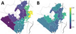 Locations of 11 high schools in the Austin Independent School District, Austin, Texas, USA, used to model a COVID-19 test allocation strategy to mitigate SARS-CoV-2 infections across school districts. A) Daily incidence of COVID-19 infections in late January 2021 in the catchment area of each high school relative to the average incidence across the Austin Metropolitan Statistical Area. Estimates are based on COVID-19 case reports during March 2020–January 2021. A value of one corresponds to the average incidence in the MSA. Schools are listed A through K from highest to lowest estimated daily incidence (Appendix Table 3). B) On-campus transmission risks, estimated from reported COVID-19 cases during August 16, 2020–March 8, 2021. Values are scaled so that 1.0 means that the school reported the expected number of cases, based on a least-squares linear fit of reported cases to school enrollment (Appendix Figure 4).